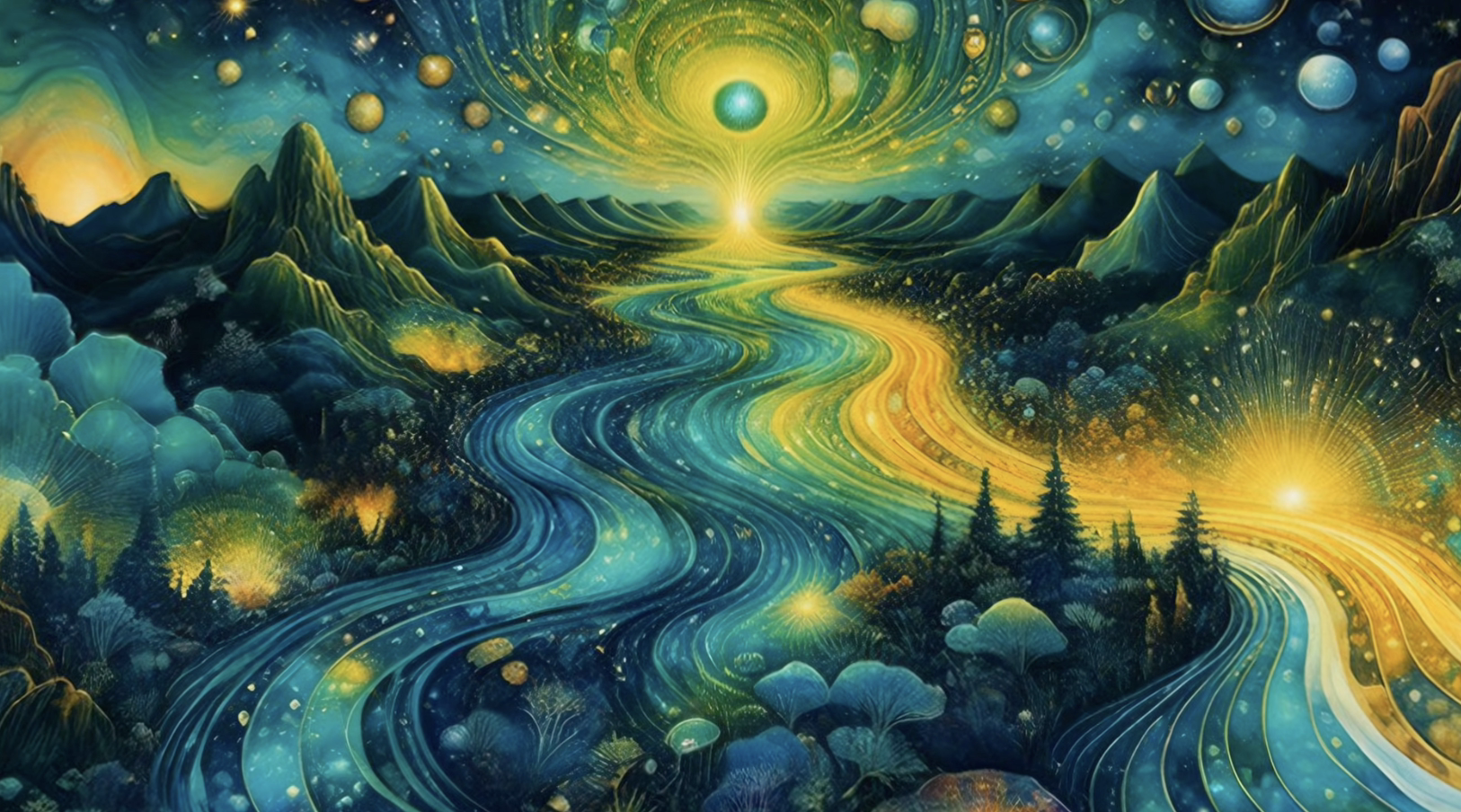 A planet suspended in a cosmic mandala above a flowing river, the climax of a 3-hour psychedelic visual journey.